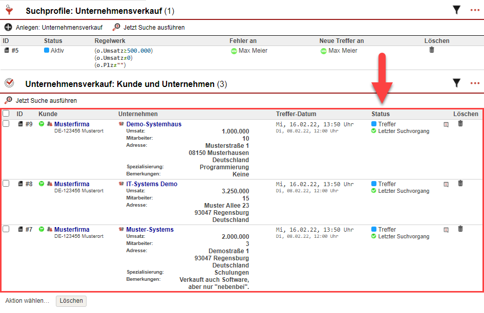 Screenshot der angezeigten Treffer in der Kundenmaske