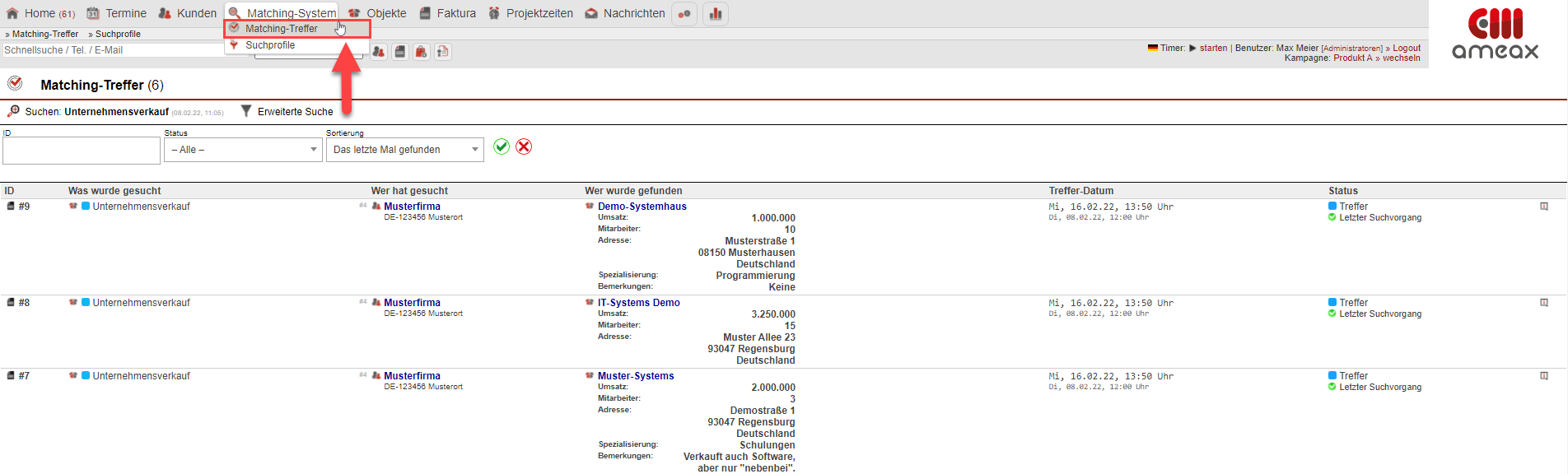 Screenshot der Anzeigemaske "Matching-Treffer" aus dem Hauptmenüpunkt "Matching-System"