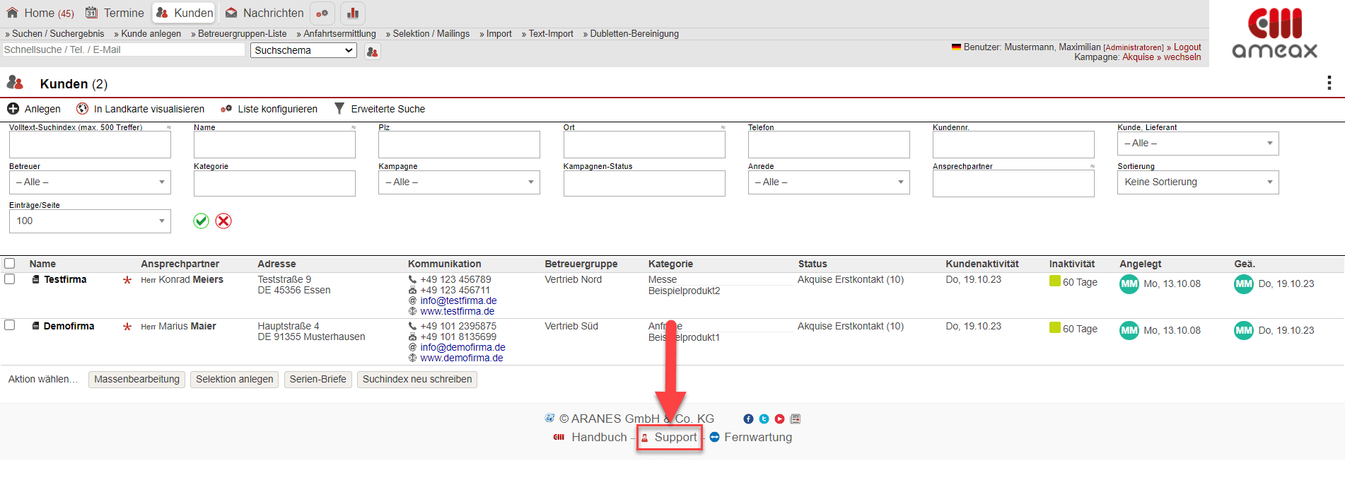 Screenshot ameax Unternehmenssoftware mit Markierung des Links zum zentralen Support-Bereichs in der Fußzeile