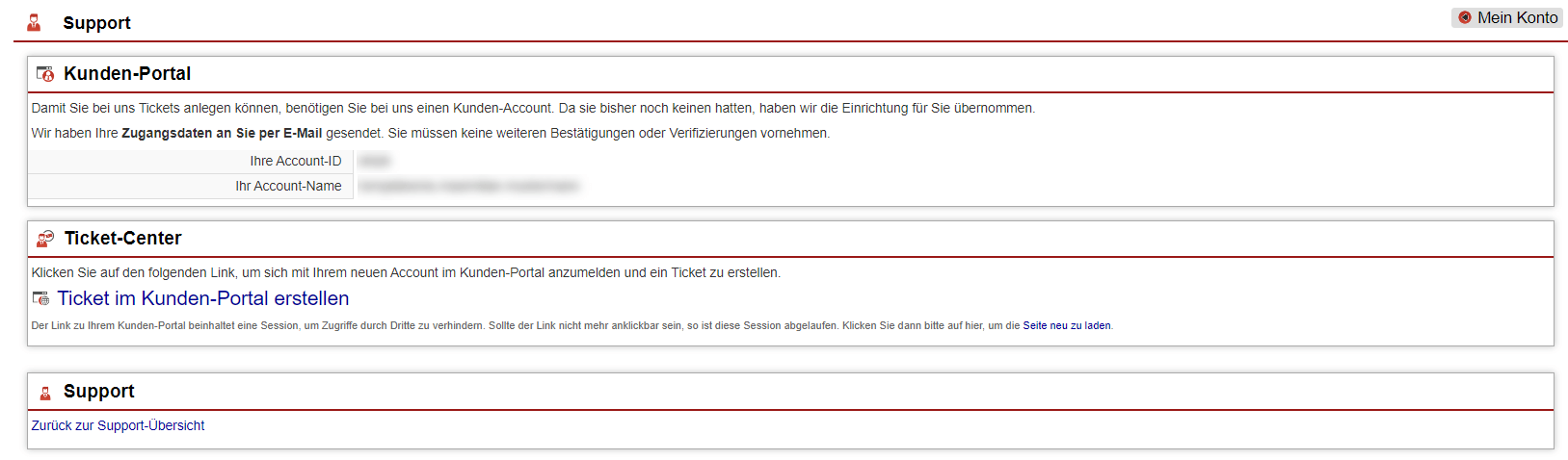 Screenshot Hinweisbereich bzgl. der notwendigen Anlage eines Kunden-Accounts um ein Ticket erstellen zu können