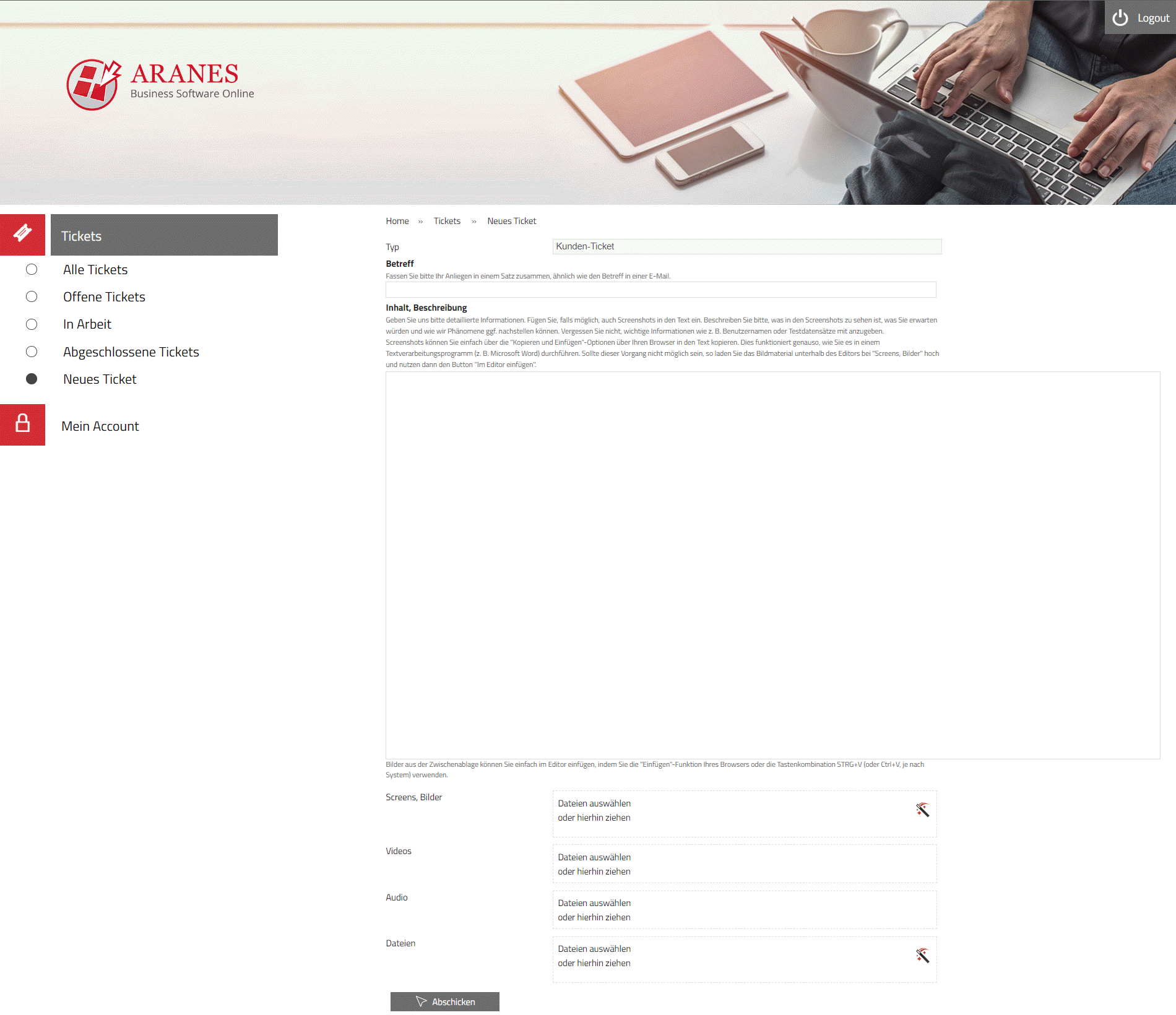 Screenshot der Anlagemaske eines Tickets im Kundenportal