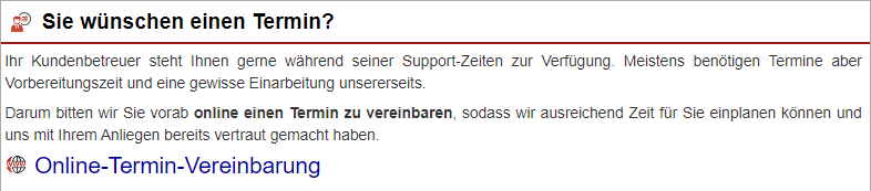 Screenshot des Hinweisbereichs "Terminbuchung" im zentralen Support-Bereich