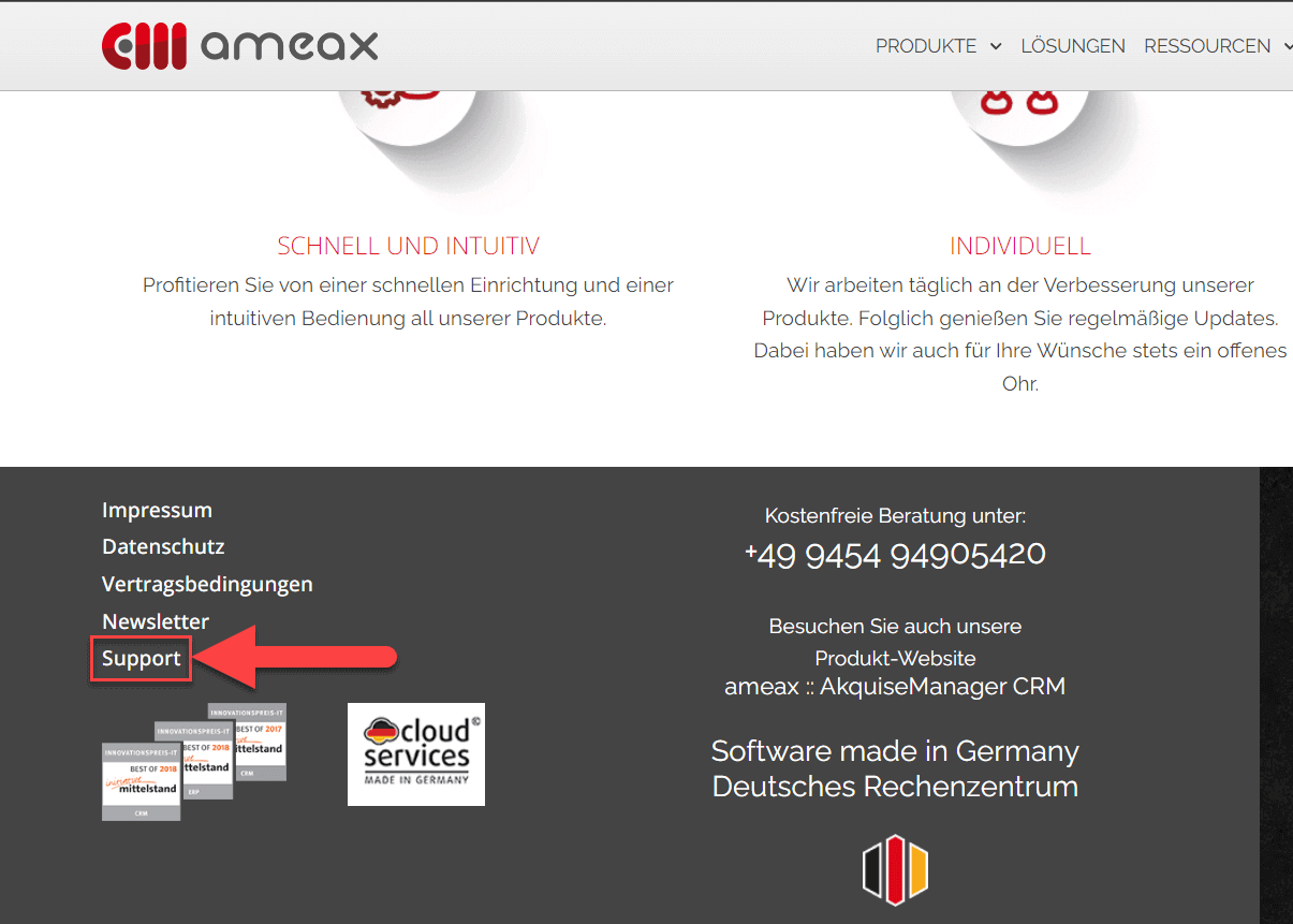 Screenshot des markierten Links zum Support-Bereich in der Fußzeile der ameax-Website